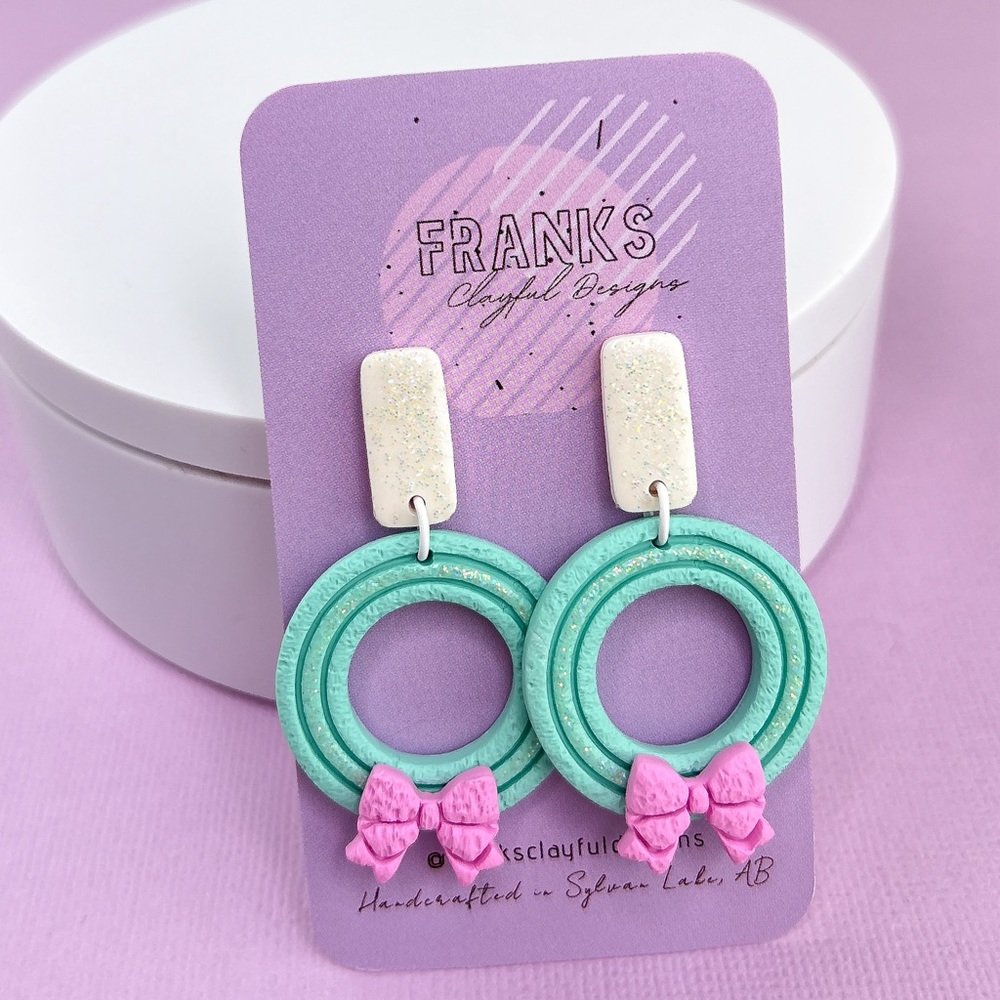 Christmas Wreath Design Handmade Polymer Clay Dangle Earrings